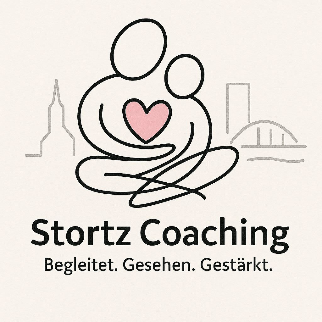 Stortz Coaching – Begleitet. Gesehen. Gestärkt. Zwei verbundene Menschen mit einem rosa Herz und der Silhouette von Rumpenheim.